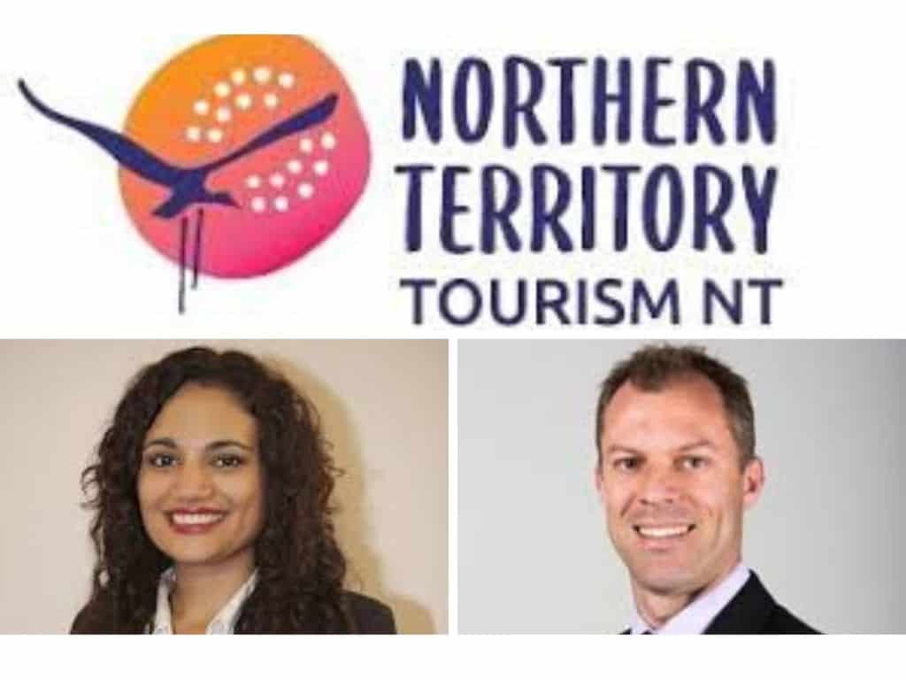 A graphic showing the NT Tourism brolga logo, NT Tourism Minister Lauren Moss and Acting NT Tourism acting chief executive Andrew Hopper